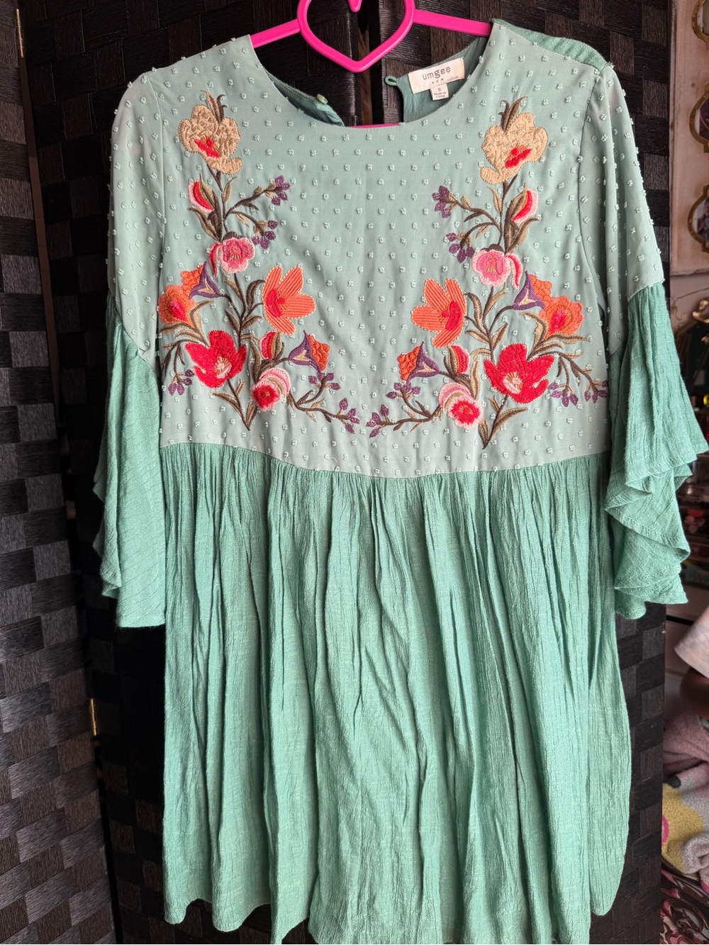 Umgee Mint Green Embroidered Ruffle Sleeve Tunic